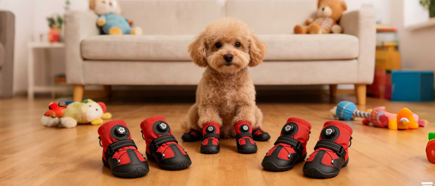 Small Poodle sitting indoors wearing vibrant red dog booties that provide high contrast and style.
