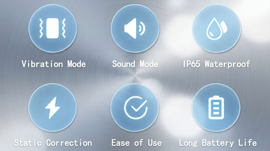 Six core features of the smart bark collar including vibration mode, sound mode, static correction, IP65 waterproof rating, ease of use, and long battery life.