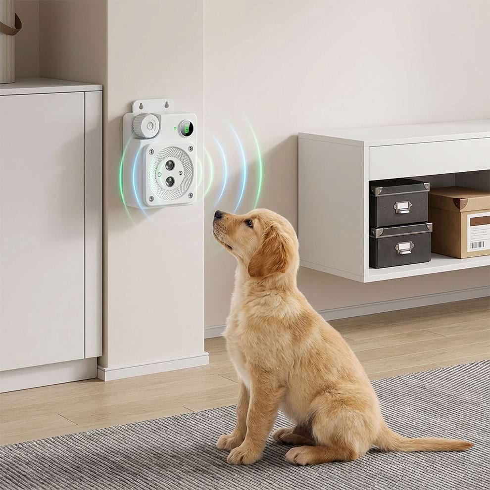 Wall mounted Dog Silencer in a living room detecting a dog barking.