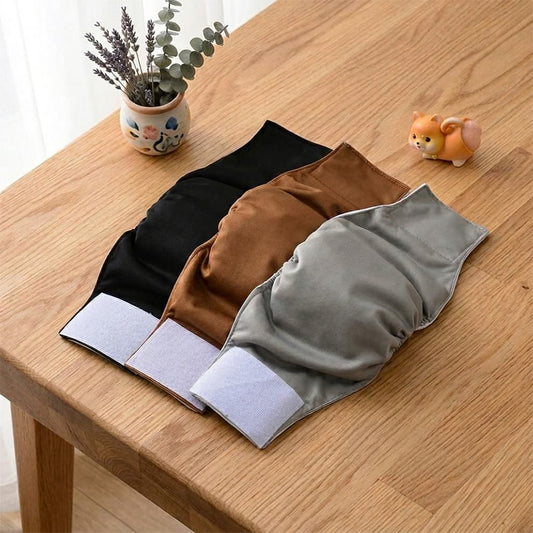 Washable dog diapers multipack showing black, brown, and grey options, providing reliable daily protection for your furry friend.