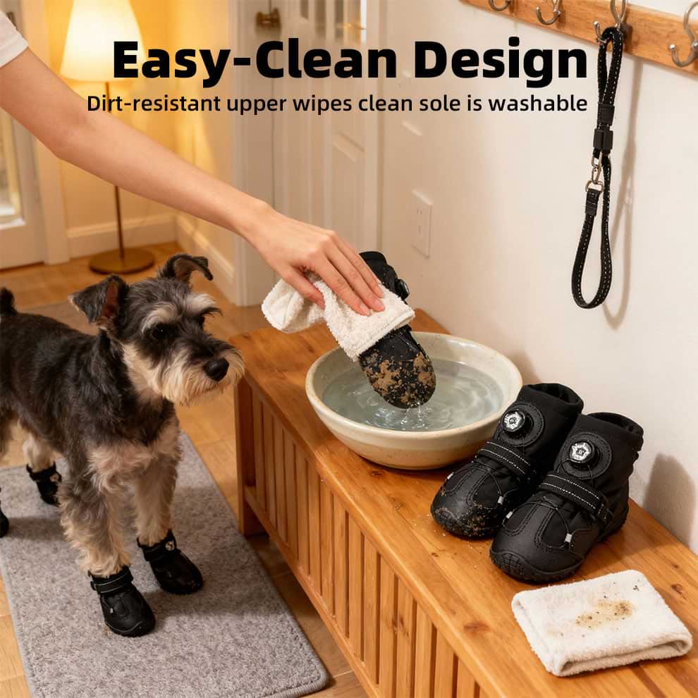 Owner cleaning mud off washable dog shoes with a simple wipe, showing easy maintenance design.