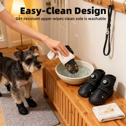 Owner cleaning mud off washable dog shoes with a simple wipe, showing easy maintenance design.
