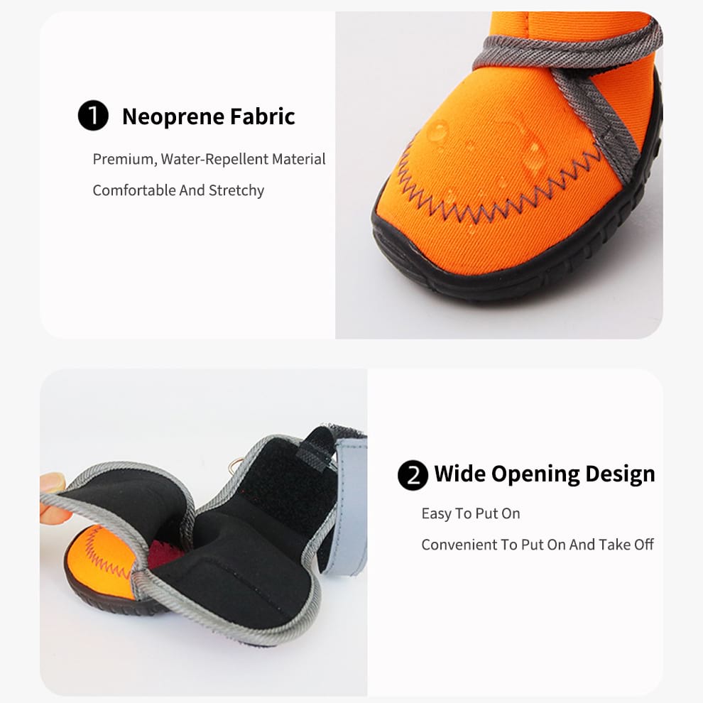 Close up of water-repellent neoprene material with water beads and wide opening design for easy on and off.