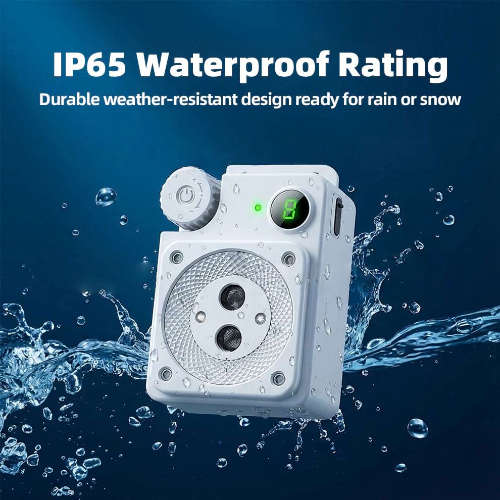 Anti Barking Device with IP65 waterproof rating splashing in water, ready for rain or snow.