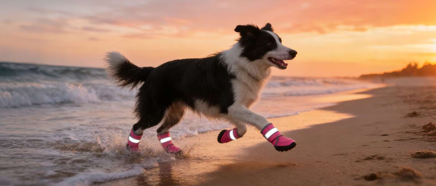 Border Collie running on wet beach sand at sunset wearing Rose Red waterproof dog boots, showing water resistance and grip on slippery surfaces.