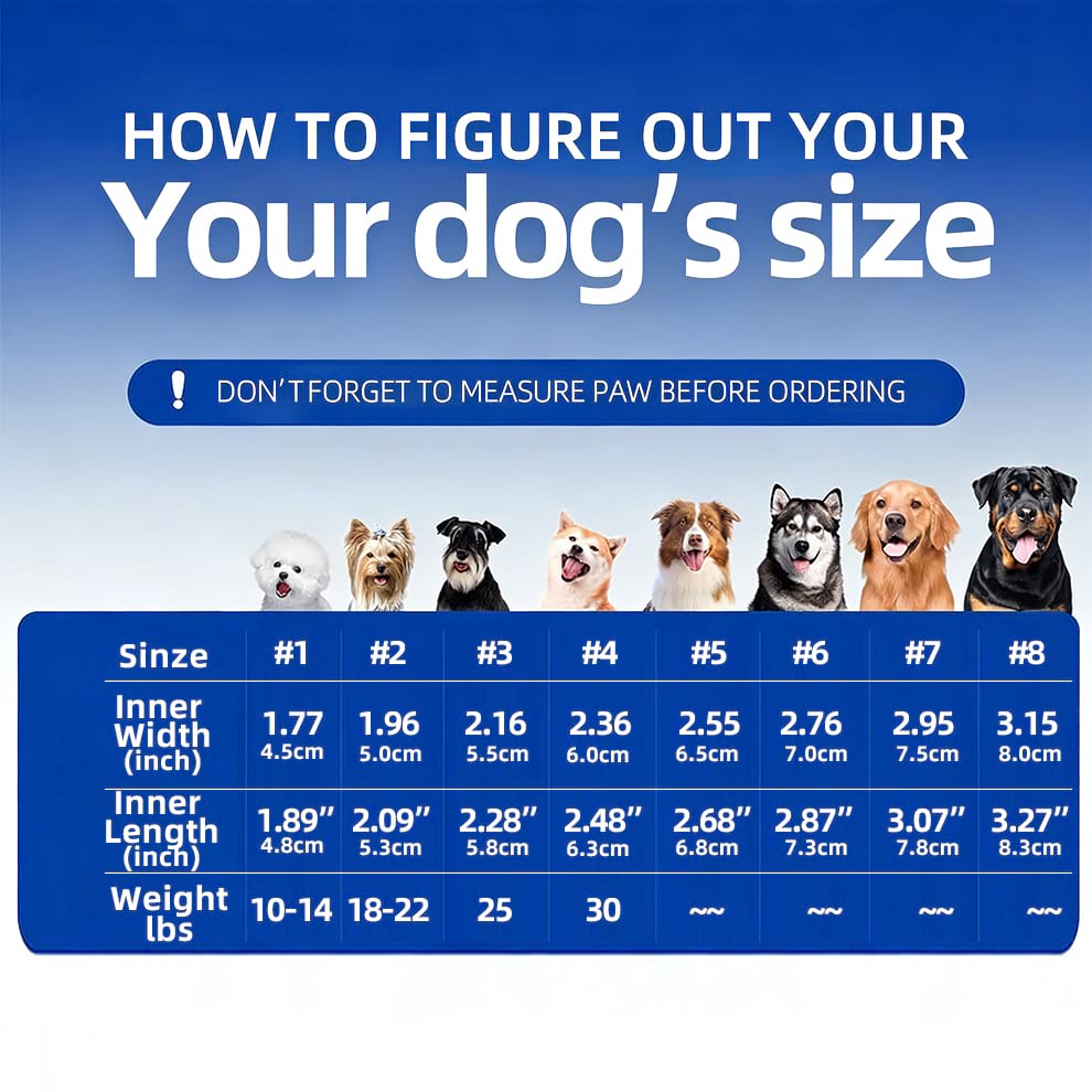 Size chart for waterproof dog boots showing inner width measurements and weight recommendations for different breeds.