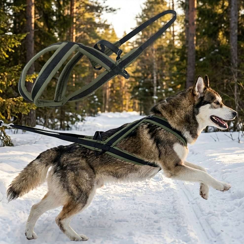 Waterproof mushing harness structure overlaid on a Husky running in the snow, highlighting the extended back design for safe weight distribution.
