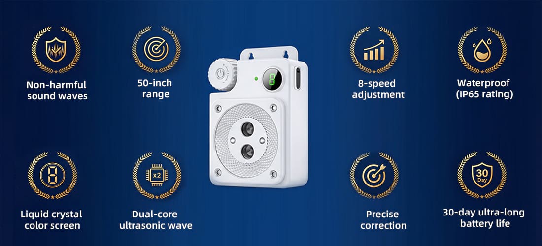 Key features of the Outdoor Bark Control unit including IP65 waterproof rating, 8-speed Adjustable Bark Control, and dual-core ultrasonic waves. Infographic showing Smart Dog Barking Device specifications and 30-day battery life.