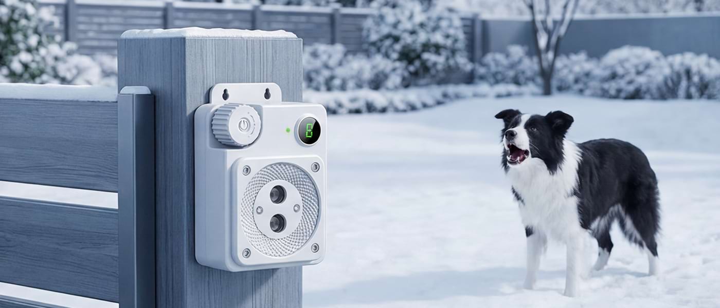 Waterproof Outdoor Dog Bark Deterrent mounted on a fence post in snowy winter conditions. Durable IP65 design effectively detects a barking Border Collie.