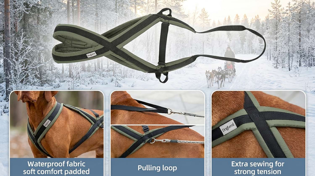 Detailed features of the sled dog harness, including waterproof fabric soft comfort padded lining, a durable pulling loop, and extra sewing for strong tension.