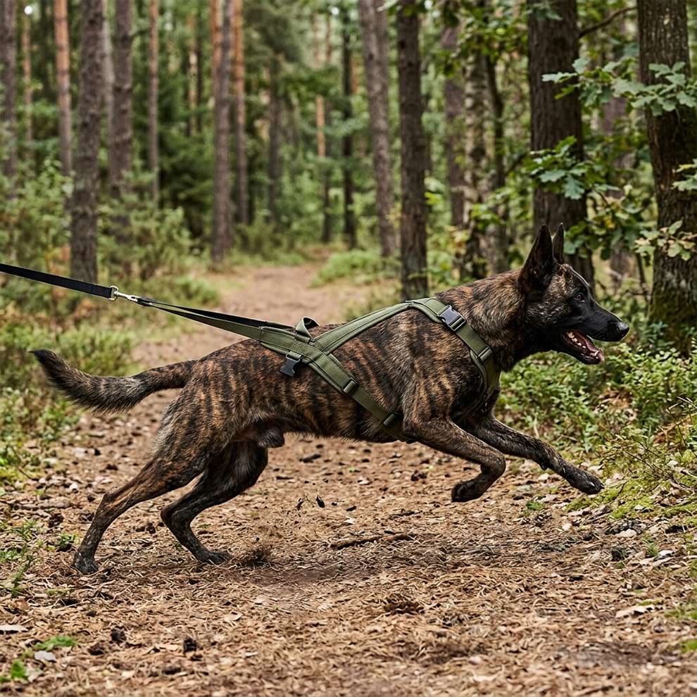 Weight pulling dog harness on a strong brindle dog sprinting through the forest, showcasing the secure pulling loop and ergonomic fit.