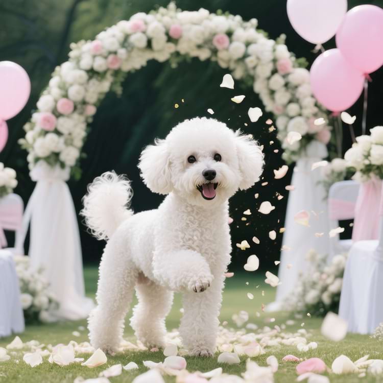 Cute white dog celebrating at an outdoor wedding ceremony - Sovelivee.