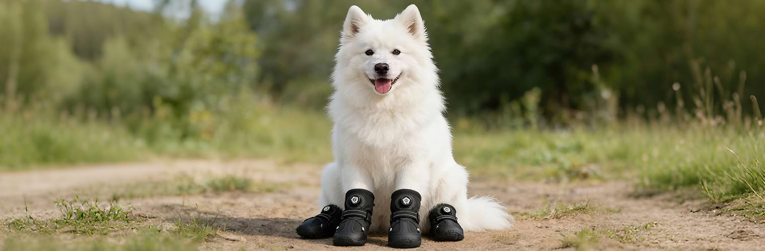 White Samoyed dog wearing classic black boots, demonstrating a sleek and versatile style that matches any gear.