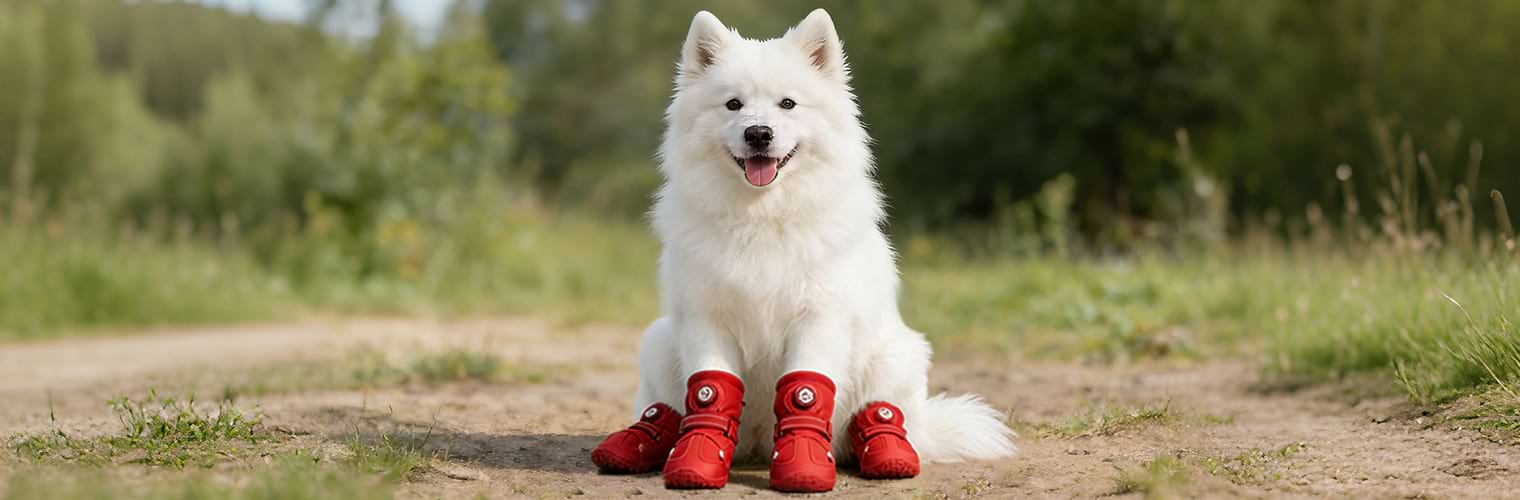 White Samoyed dog sitting on a trail wearing bright red boots, showing a stylish high-contrast look against white fur.