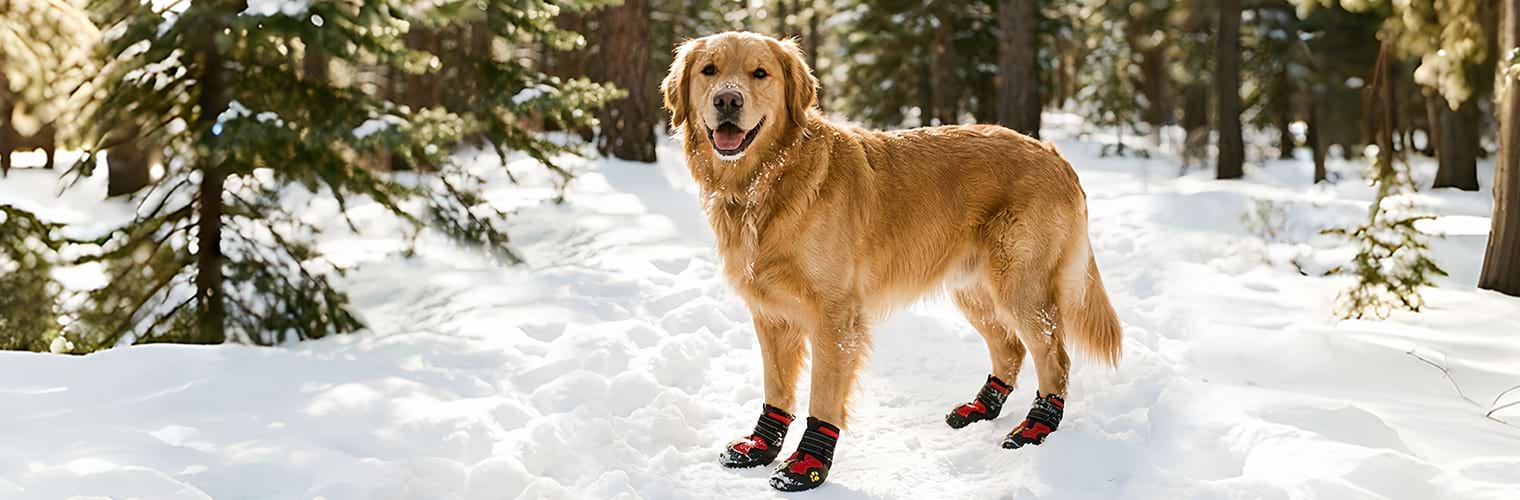 Golden Retriever standing in deep snow wearing winter dog boots that provide warmth and protection against ice and cold surfaces.