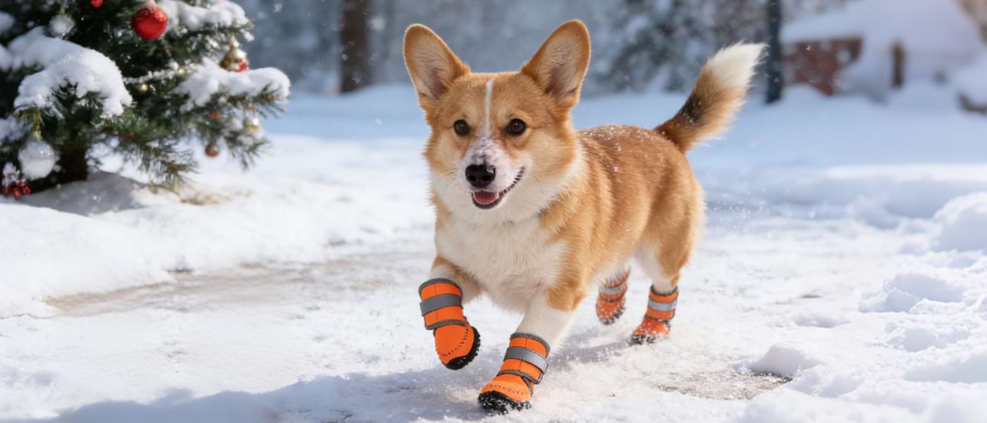 Corgi running in the snow wearing Orange winter dog boots, featuring anti-slip soles for traction on ice and cold weather paw protection.