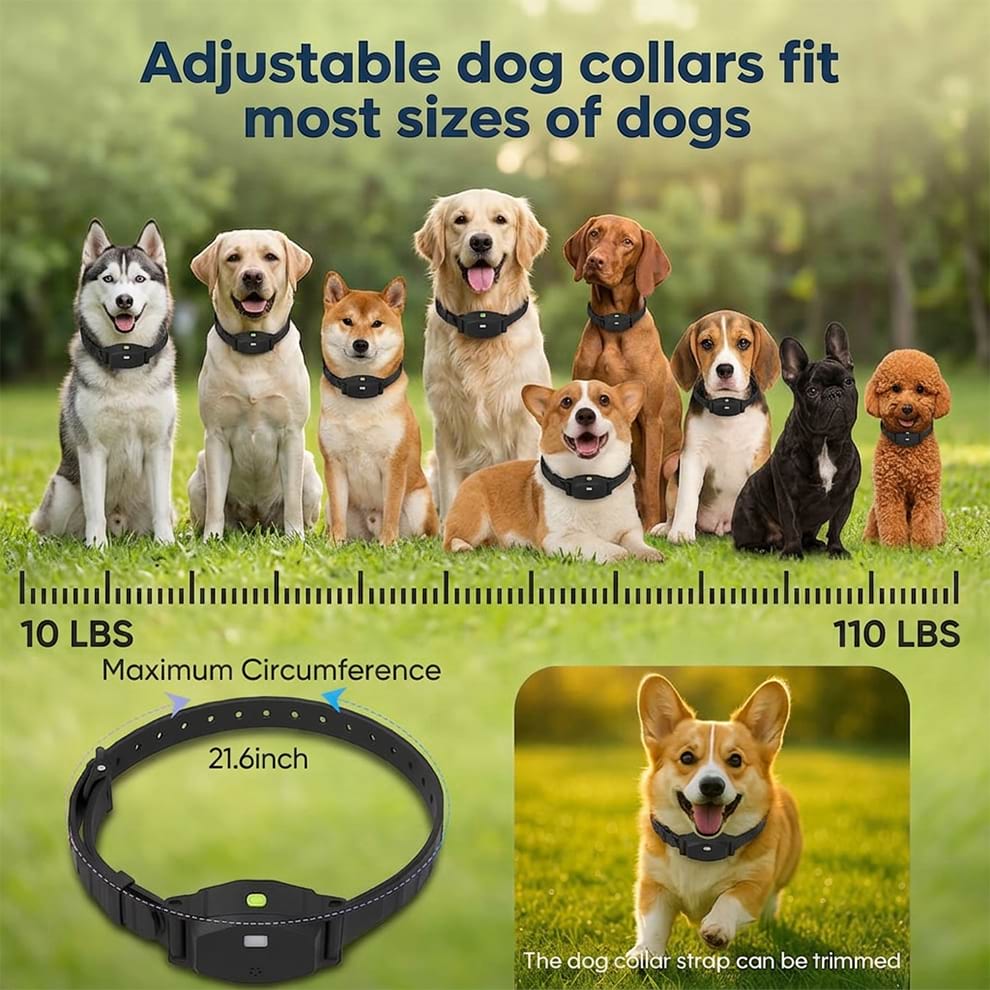 Wireless dog fence with an adjustable collar strap fitting dog sizes from 10 to 110 lbs, suitable for multiple dogs.