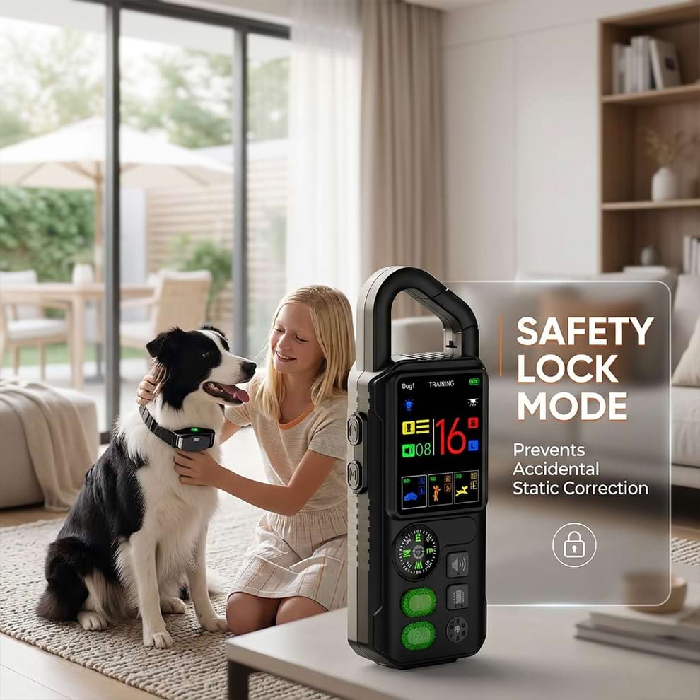 Wireless dog fence remote control featuring a lock mode designed to prevent accidental static correction.