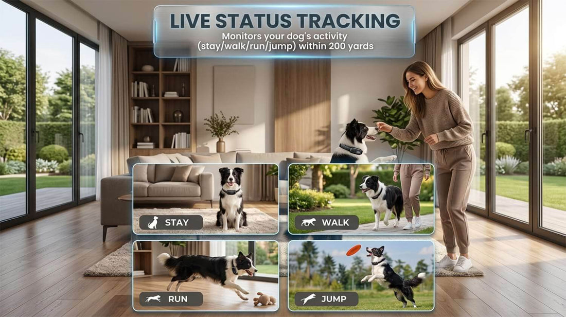 Wireless dog fence system featuring live status tracking to monitor dog activities including stay, walk, run, and jump within a 200-yard range.