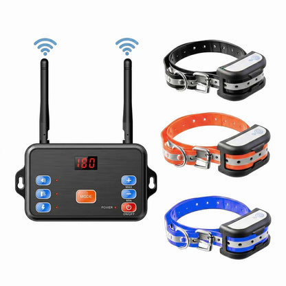Wireless Dog Fence system featuring a digital transmitter and three adjustable reflective receiver collars in black, orange, and blue.