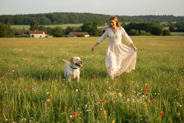 Wireless dog fences category banner showing a Labrador running outdoors on green grass