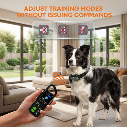 Wireless pet containment system remote used to adjust training modes without the need for verbal commands.