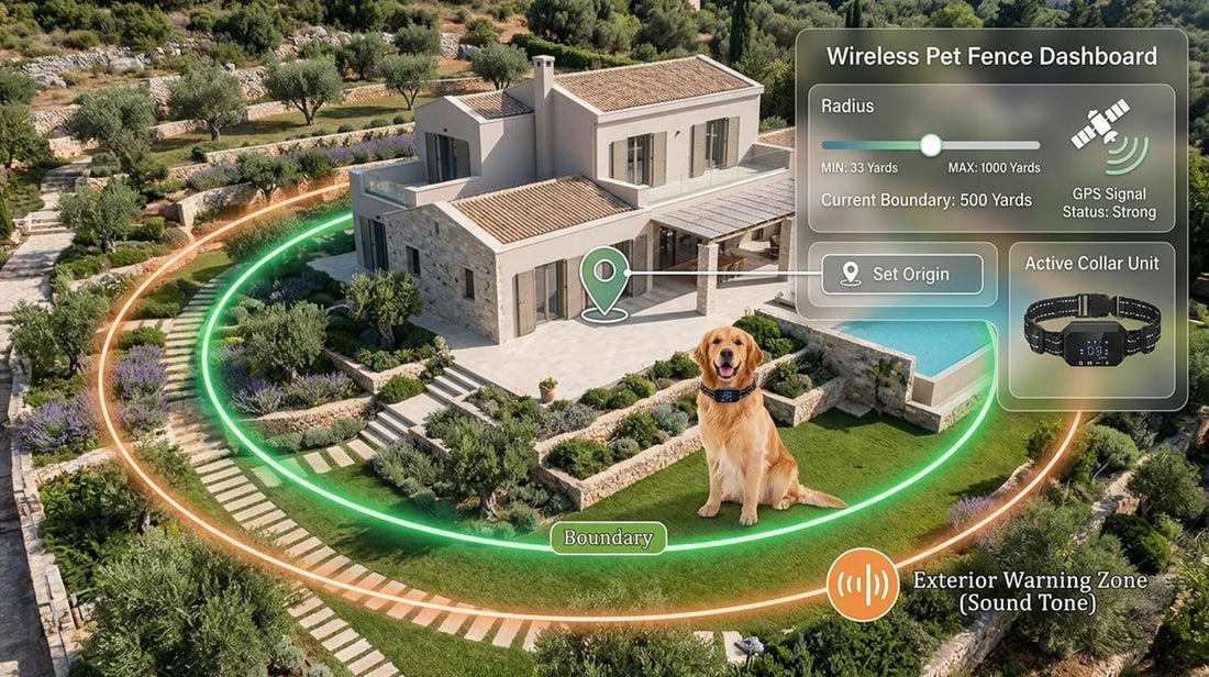 Wireless pet fence dashboard concept showing a customizable boundary radius up to 1000 yards with an exterior warning zone for sound tones.