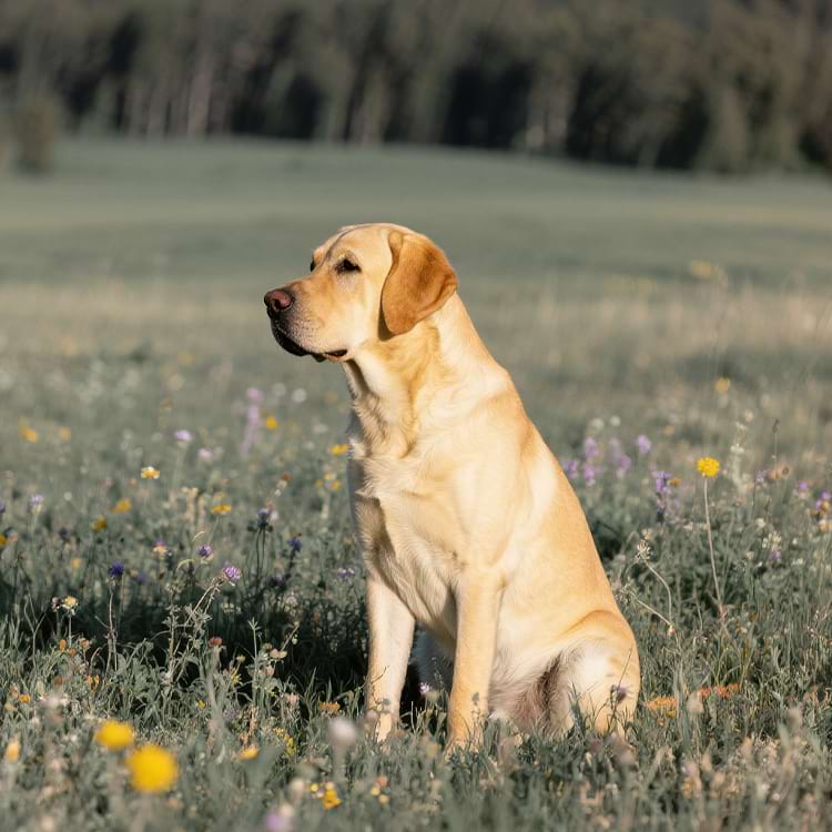 Yellow Labrador Retriever relaxing in a summer flower field - Sovelivee Outdoor Exploration.