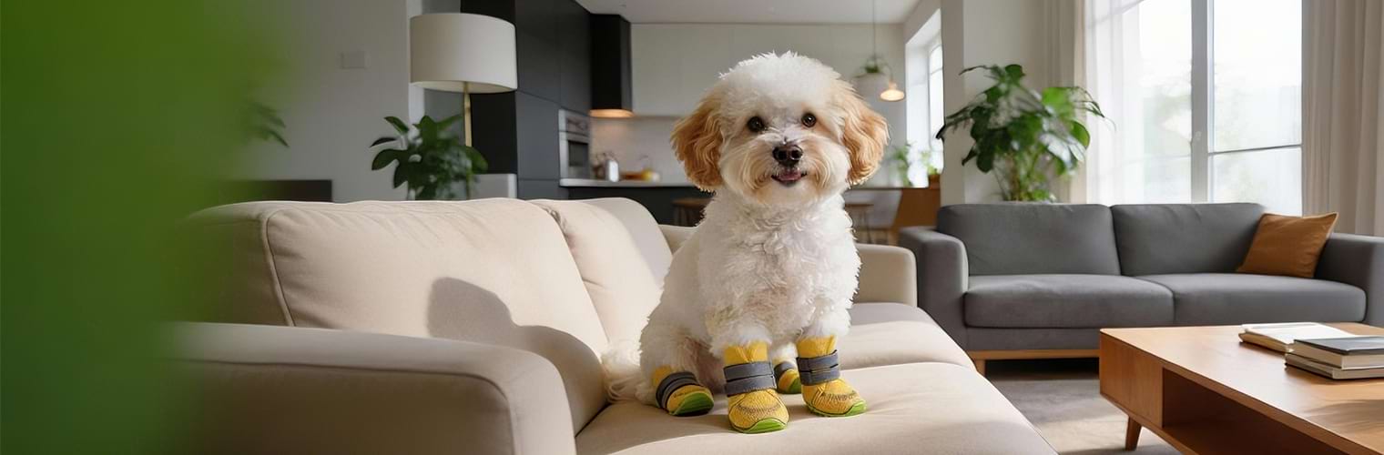 Summer Dog Boots in bright yellow, worn indoors to demonstrate soft material that protects furniture.