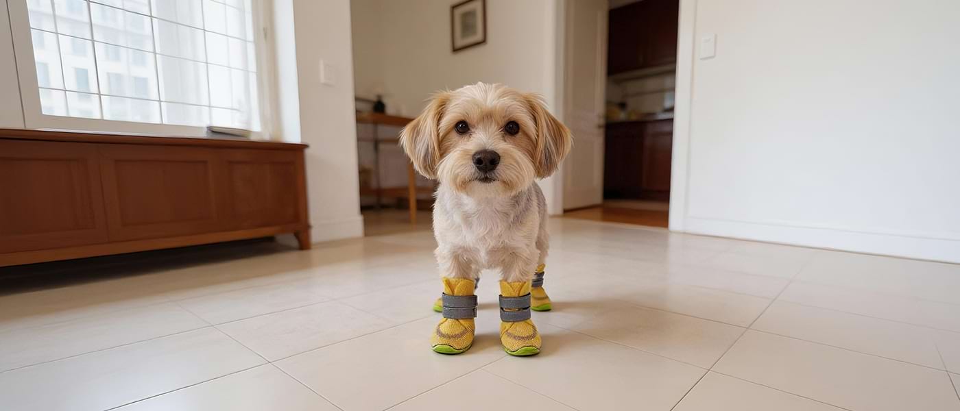 Summer Dog Boots in bright yellow worn by a small white dog standing indoors.
